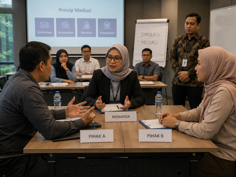 Simulasi mediasi antara dua pihak yang didampingi mediator pada pelatihan Mediator Non Hakim PAKIM
